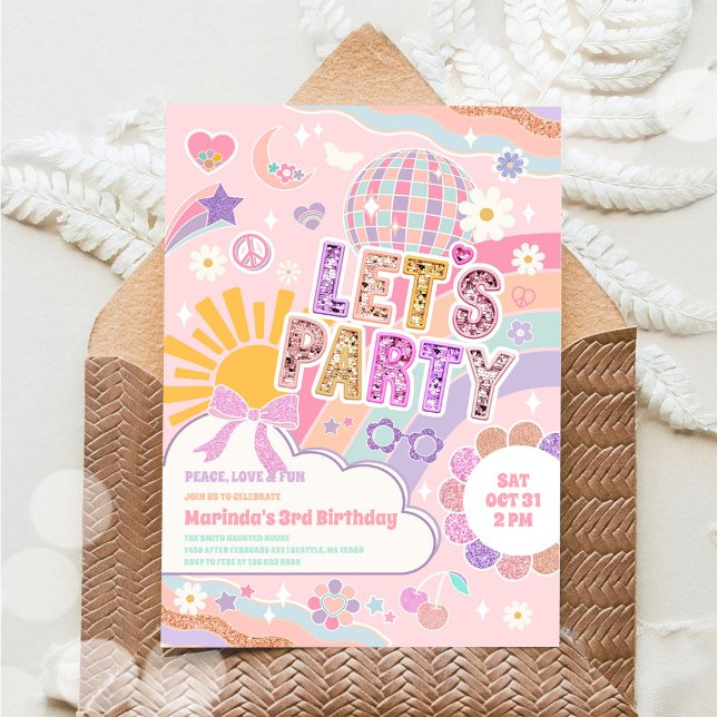 Lets Party Sun Rainbow Disco Birthday Invitation (Creator Uploaded)