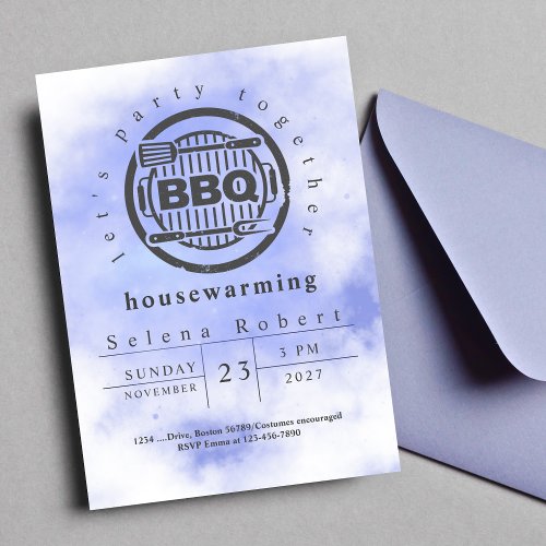 lets party together BBQ Blue housewarming Modern Invitation