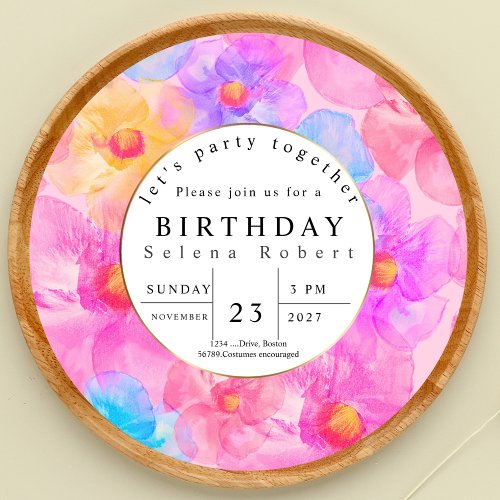 lets party together record pink floral BIRTHDAY  Invitation
