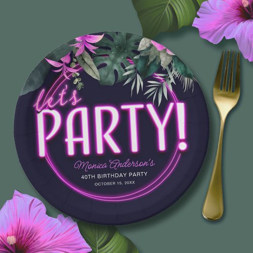 Lets Party Tropical Pink Neon Birthday Paper Paper Plates