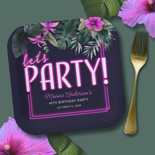 Lets Party Tropical Pink Neon Birthday Paper Plates