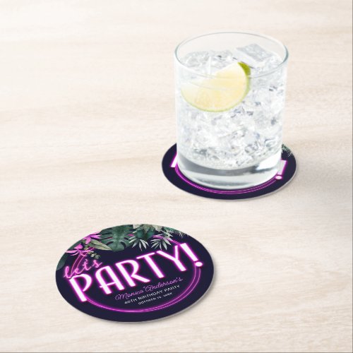 Lets Party Tropical Pink Neon Birthday Paper Round Paper Coaster