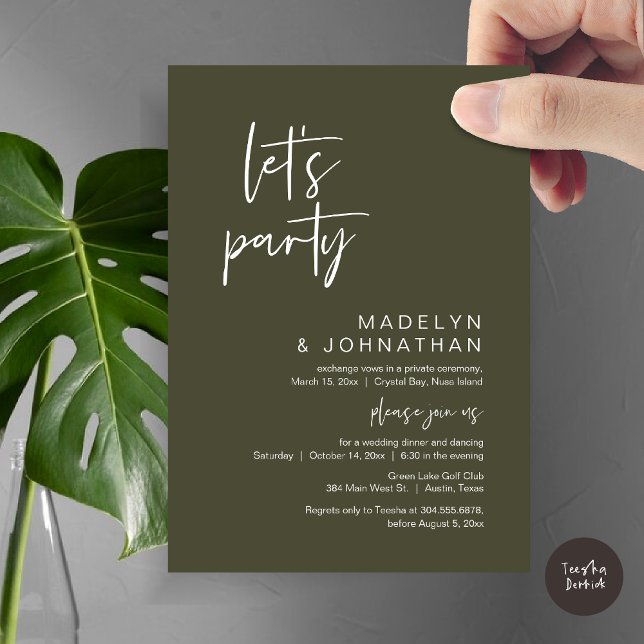 Let's Party, Wedding Elopement Dinner and Dancing Invitation (Let's Party, Modern Wedding Elopement Dinner and Dancing Invitation Card, PDF, in Olive Green)