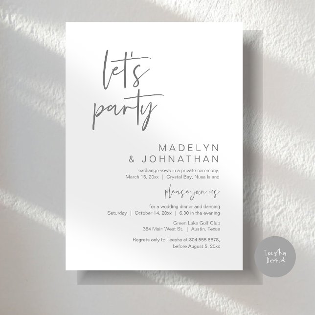 Let's Party, Wedding Elopement Dinner and Dancing Invitation (Let's Party, Modern Wedding Elopement Dinner and Dancing Invitation Card, PDF, in Dark Grey)