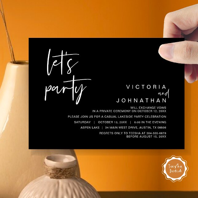 Let's Party, Wedding Elopement Party Invitation (Let's Party, Wedding Elopement Dinner Invitation Card, Modern Minimalist Script, in Classy Black)