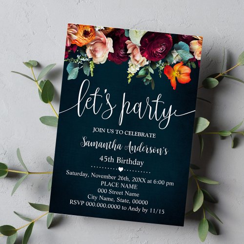 Lets Party Wine Flowers Navy Adults Birthday Invitation