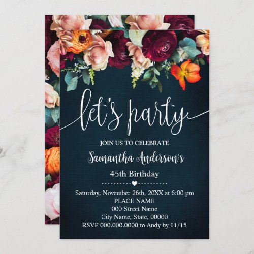 Lets Party Wine Flowers Navy Adults Birthday Invitation