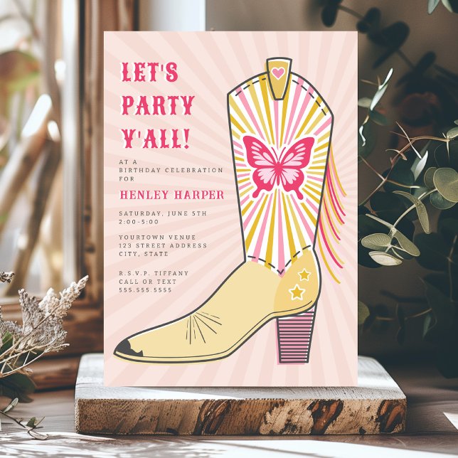 Let's Party Yall Butterfly Cowboy Boot Birthday Invitation (Creator Uploaded)