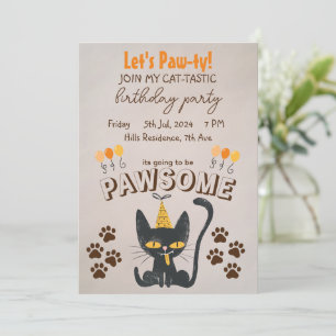 Let's Paw-ty!-Cute Black Cat Wearing Birthday Hat Invitation