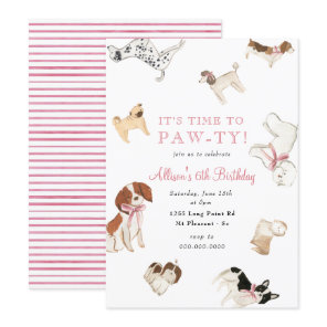 Let's Paw-ty Dog Girl Pink Animal Birthday Party  Invitation