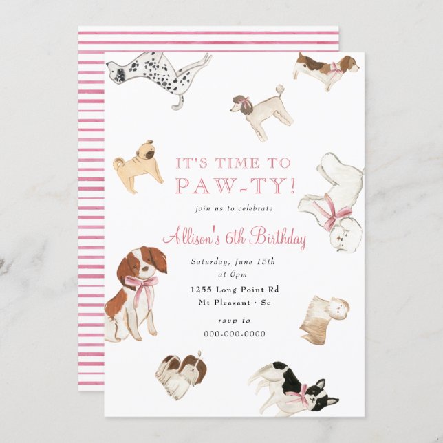 Let's Paw-ty Dog Girl Pink Animal Birthday Party  Invitation (Front/Back)