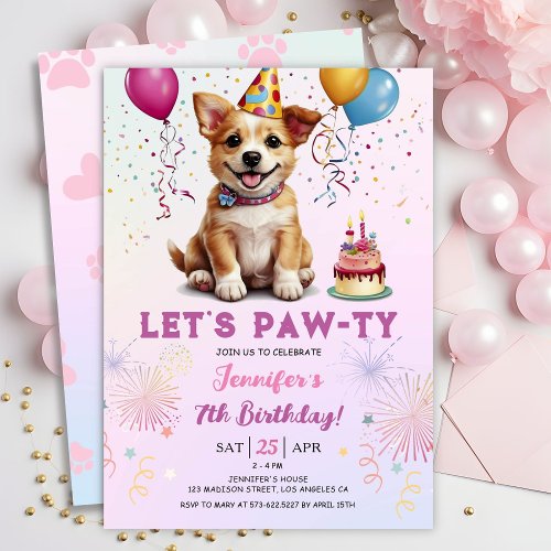 Lets Pawty 7th Birthday Dog Puppy Girl Party  Invitation