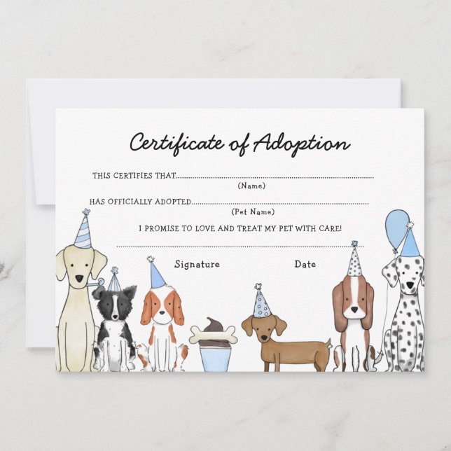 Lets Pawty Adoption Certificate Dog birthday card (Front)