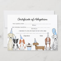 Lets Pawty Adoption Certificate Dog birthday card