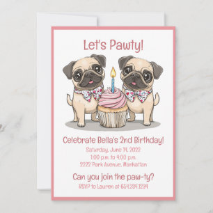 Let's Pawty Birthday Pug Dogs Cupcake Invitation