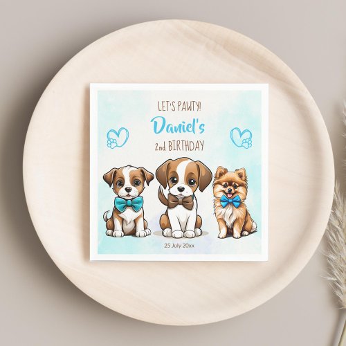 Lets pawty blue cute puppies birthday printed napkins