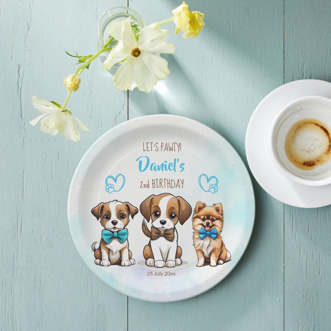 Let's pawty blue cute puppies birthday printed paper plates (Let's pawty brown blue cute puppies birthday party printed paper plates personalized table decor)