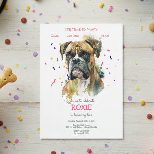 Let's pawty, boxer dog's birthday party invitation
