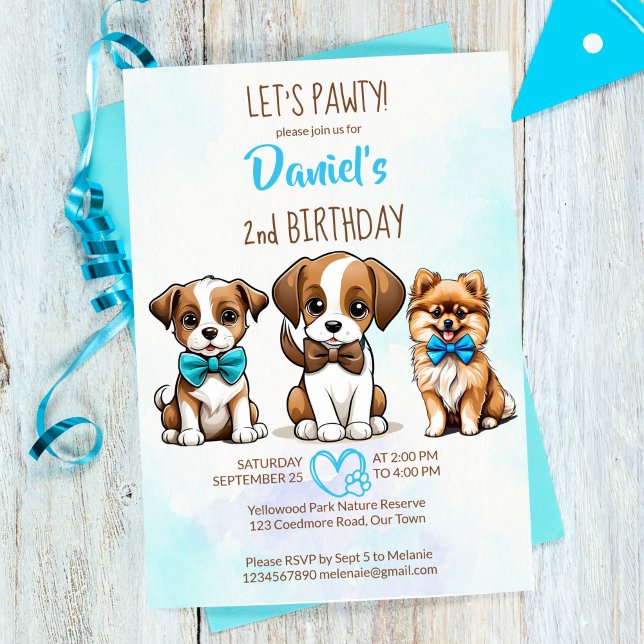 Let's pawty brown blue cute puppies birthday invitation (Let's pawty brown blue cute puppies birthday party invitation editable template digital download)