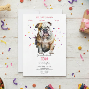Let's pawty, bulldog dog's birthday party invitation
