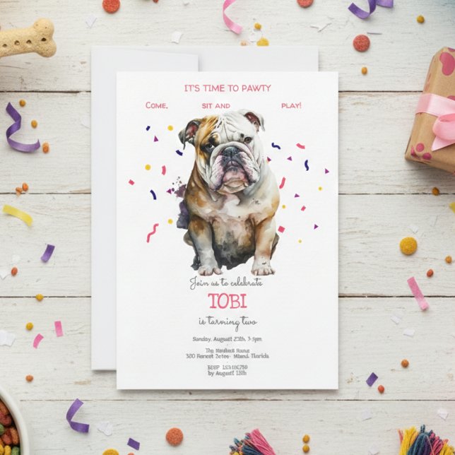 Let's pawty, bulldog dog's birthday party invitation (Creator Uploaded)