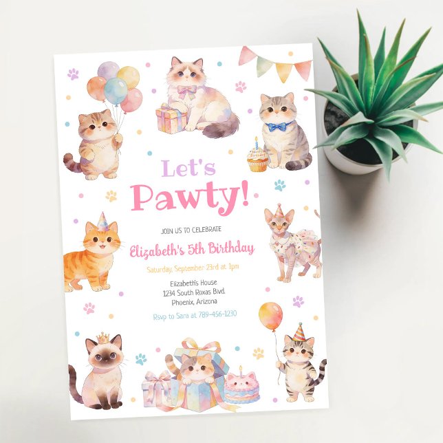 Let's Pawty Cat Kitten Birthday Party Invitation (Creator Uploaded)