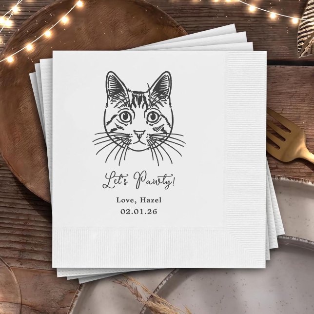 Let's Pawty Custom Cat Drawn Cocktail Wedding Napkins (Creator Uploaded)