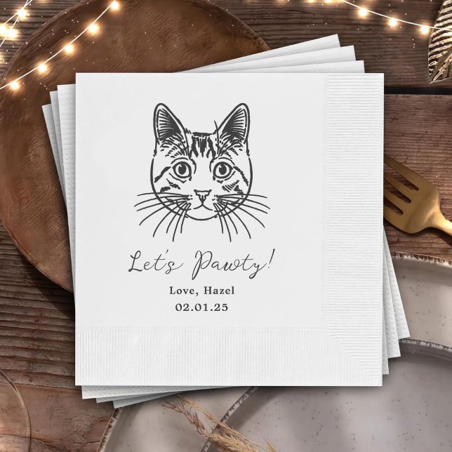 Let's Pawty Custom Cat Drawn Cocktail Wedding Napkins (Creator Uploaded)