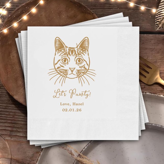 Let's Pawty Custom Cat Drawn Cocktail Wedding Napkins (Creator Uploaded)