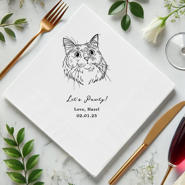 Let's Pawty Custom Cat Drawn Cocktail Wedding Napkins (Creator Uploaded)