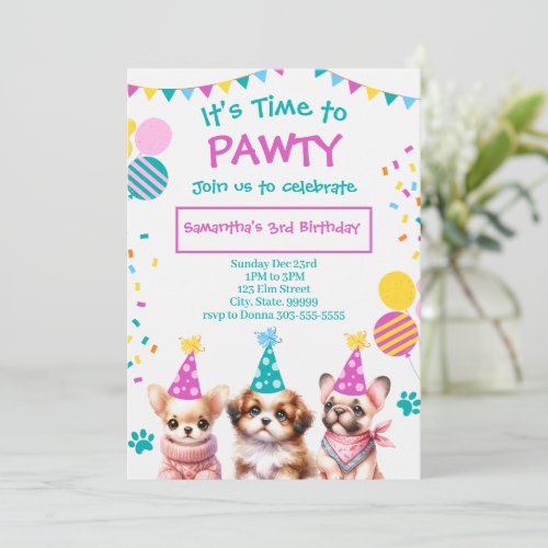 Lets Pawty Cut Puppy Girl Birthday Invitation
