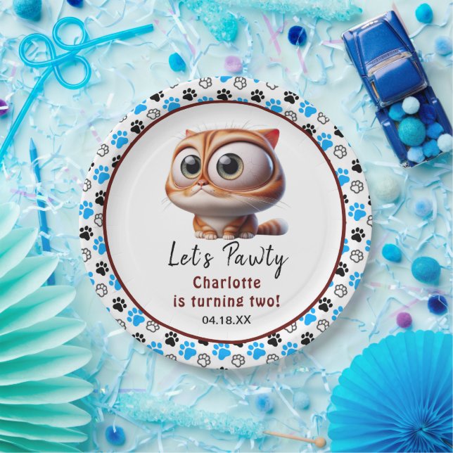 Let's Pawty! Cute Cat 2nd Birthday Party Paper Plates (Party)