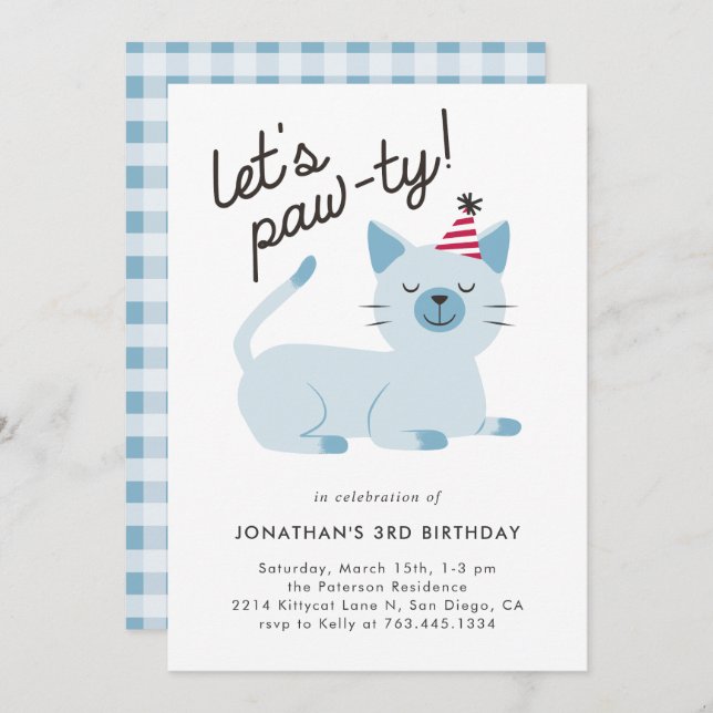 Lets Pawty Cute Kitty Cat Blue Birthday Party Invitation (Front/Back)