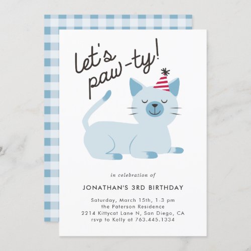Lets Pawty Cute Kitty Cat Blue Birthday Party Invitation