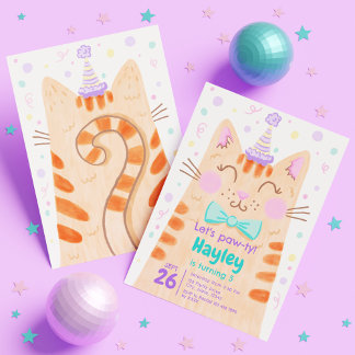 Lets Pawty Cute Kitty Cat Face Kids Birthday Party Invitation