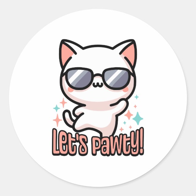 Let's Pawty! Cute Party Cat Pun Classic Round Sticker (Front)