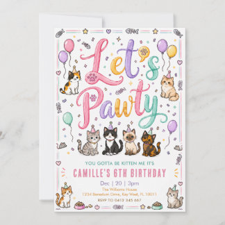 Let's Pawty Cute Watercolor Cat Birthday Invitation