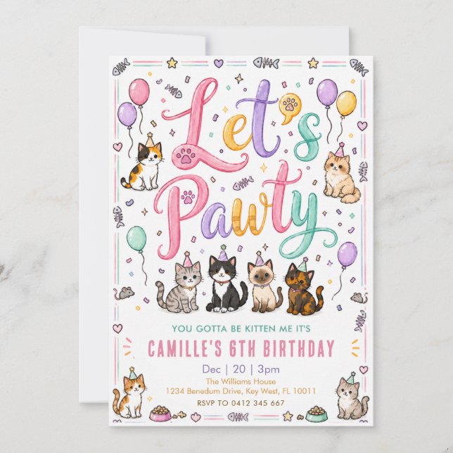 Let's Pawty Cute Watercolor Cat Birthday Invitation (Front)