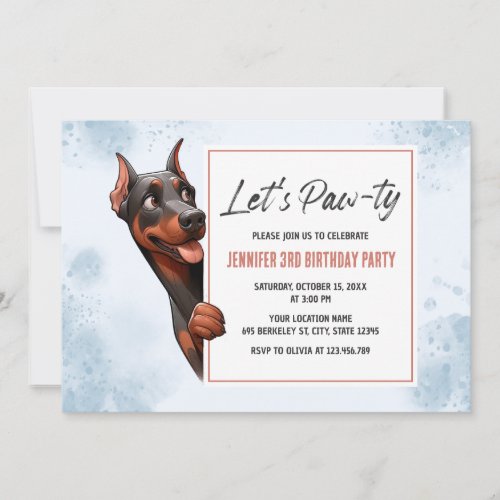 Lets Pawty Doberman Dog Birthday Invitation