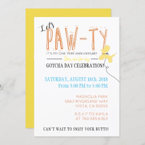 Lets Pawty Dog Birthday Gotcha day Fur baby cute Invitation