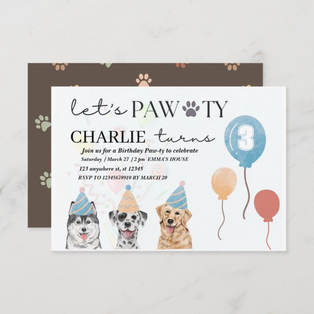 let's pawty dog birthday invitation (Front/Back)