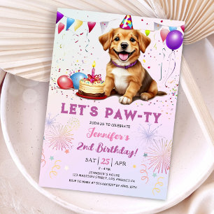 Lets Pawty Dog Birthday Party Girl 2nd Birthday Invitation