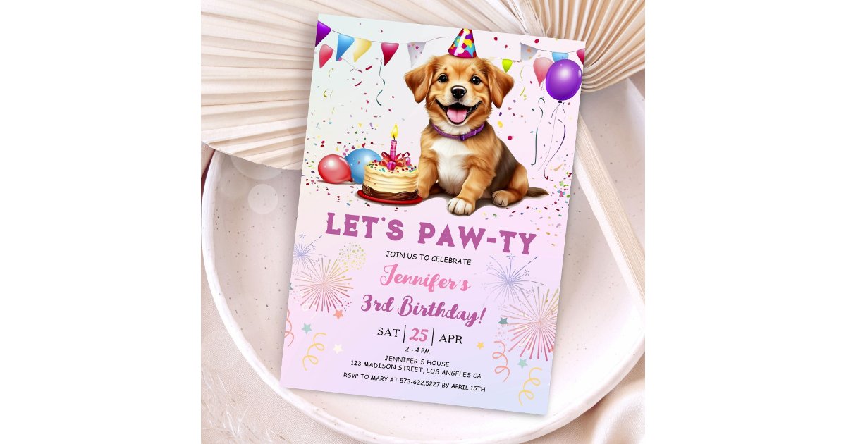 Lets Pawty Dog Birthday Party Girl 3rd Birthday Invitation | Zazzle