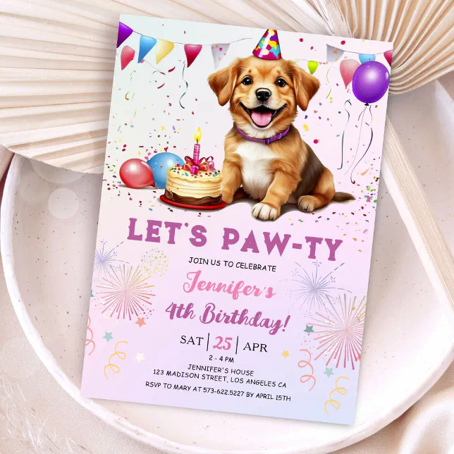 Lets Pawty Dog Birthday Party Girl 4th Birthday Invitation | Zazzle