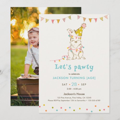 Let's Pawty Dog Custom Age Kids' Birthday Photo Invitation