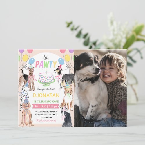 Lets Pawty Dog First Birthday Invitation Card