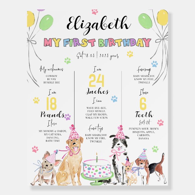 Lets Pawty Dog First Birthday Milestones Sign (Front)