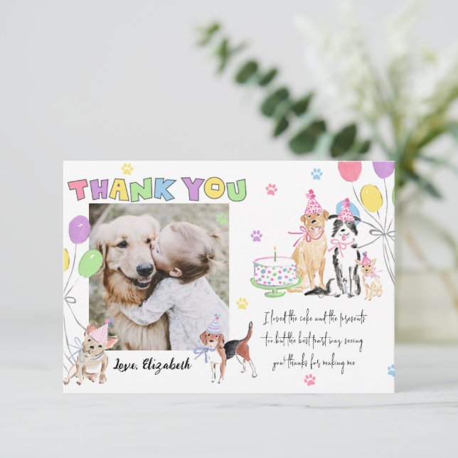 Lets Pawty Dog First Birthday Photo Thank You Card (Standing Front)