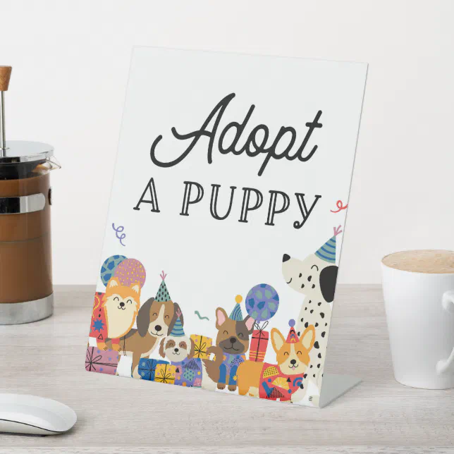 Lets Pawty Dog Party Adopt A Puppy Adoption Pedestal Sign | Zazzle