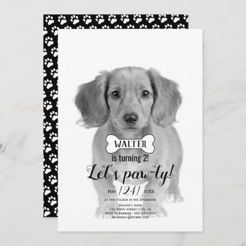 Lets Pawty Dog pet bone black birthday photo Invitation